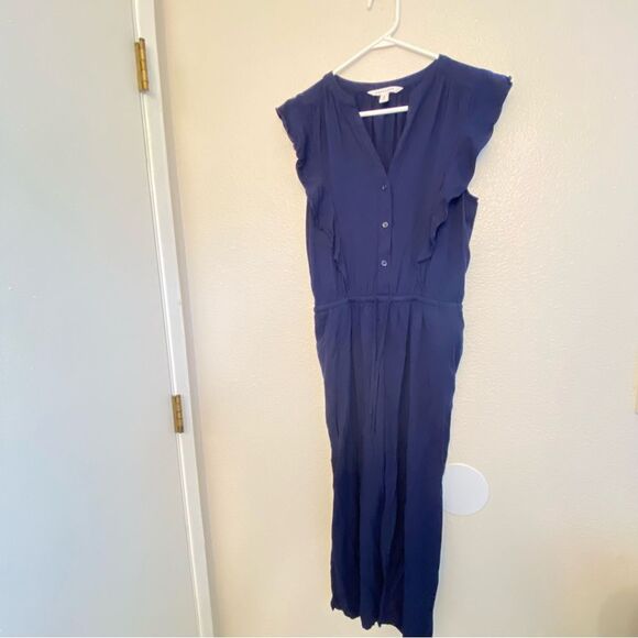 Popsugar navy blue button front tie waist wide Leg Romper Jumpsuit 100% rayon S - Picture 2 of 14